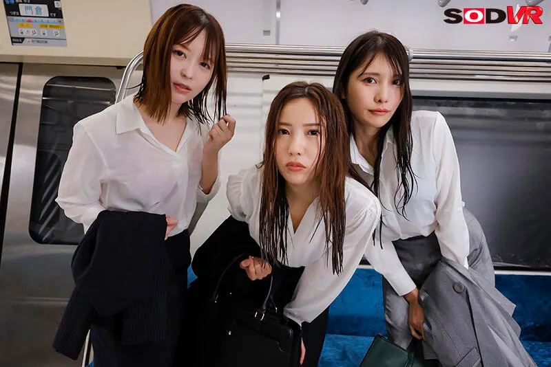 【VR】【8K】飲み会帰りに大雨で運行停止した電車内。びちょ濡れOL3人の脚に誘惑された僕 天馬ゆい 水端あさみ 花衣つばき